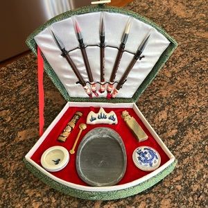 Vintage Chinese 5 Brush Calligraphy Set with Accessories + Case